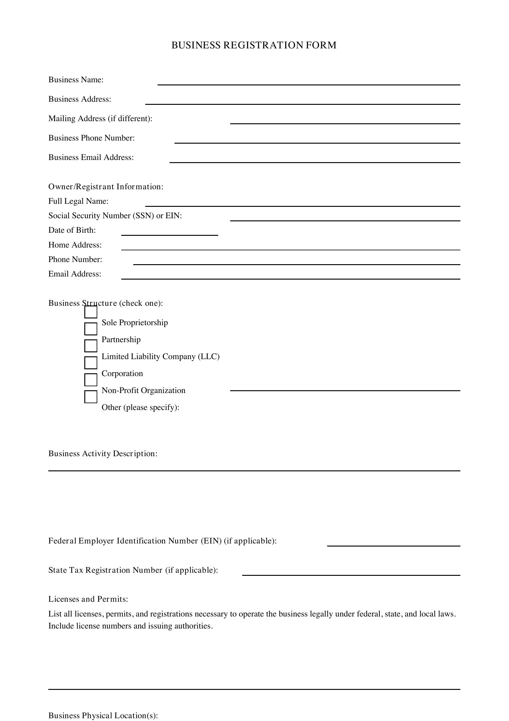 Business Registration Form Template - US