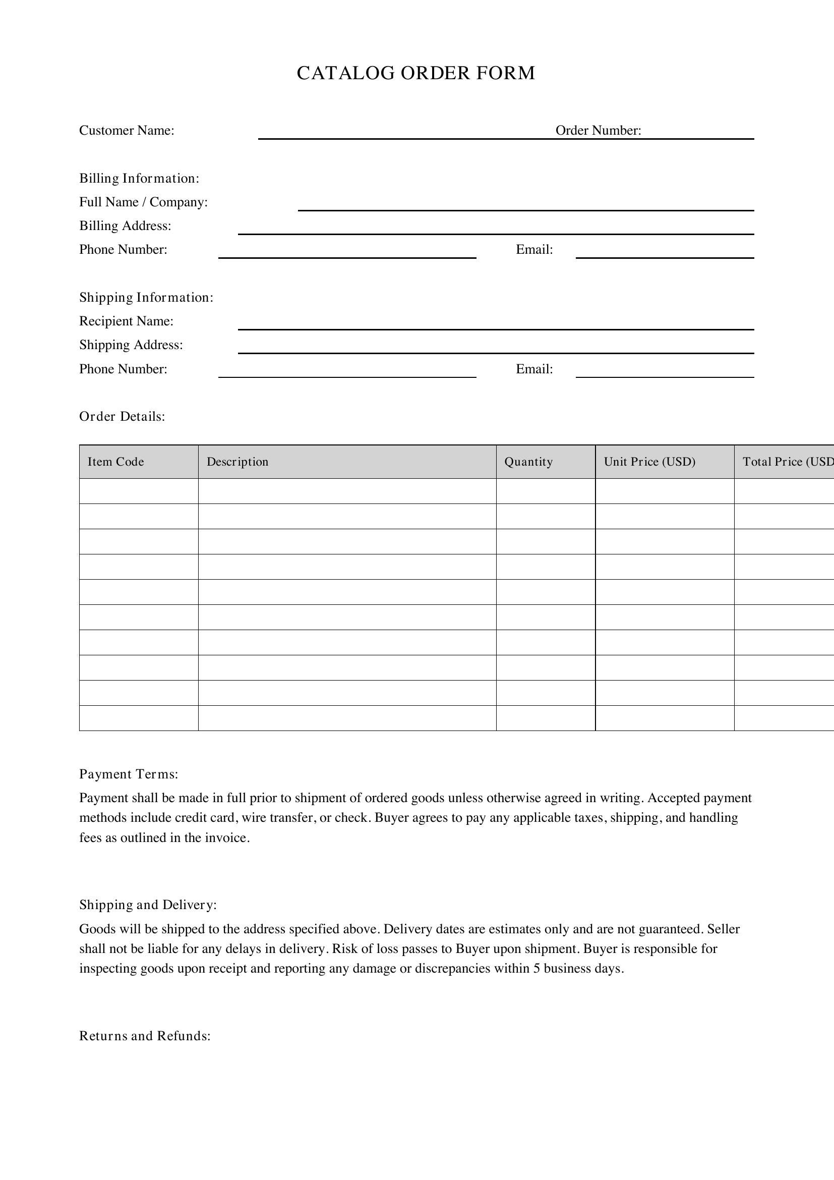 Catalog Order Form Template - US