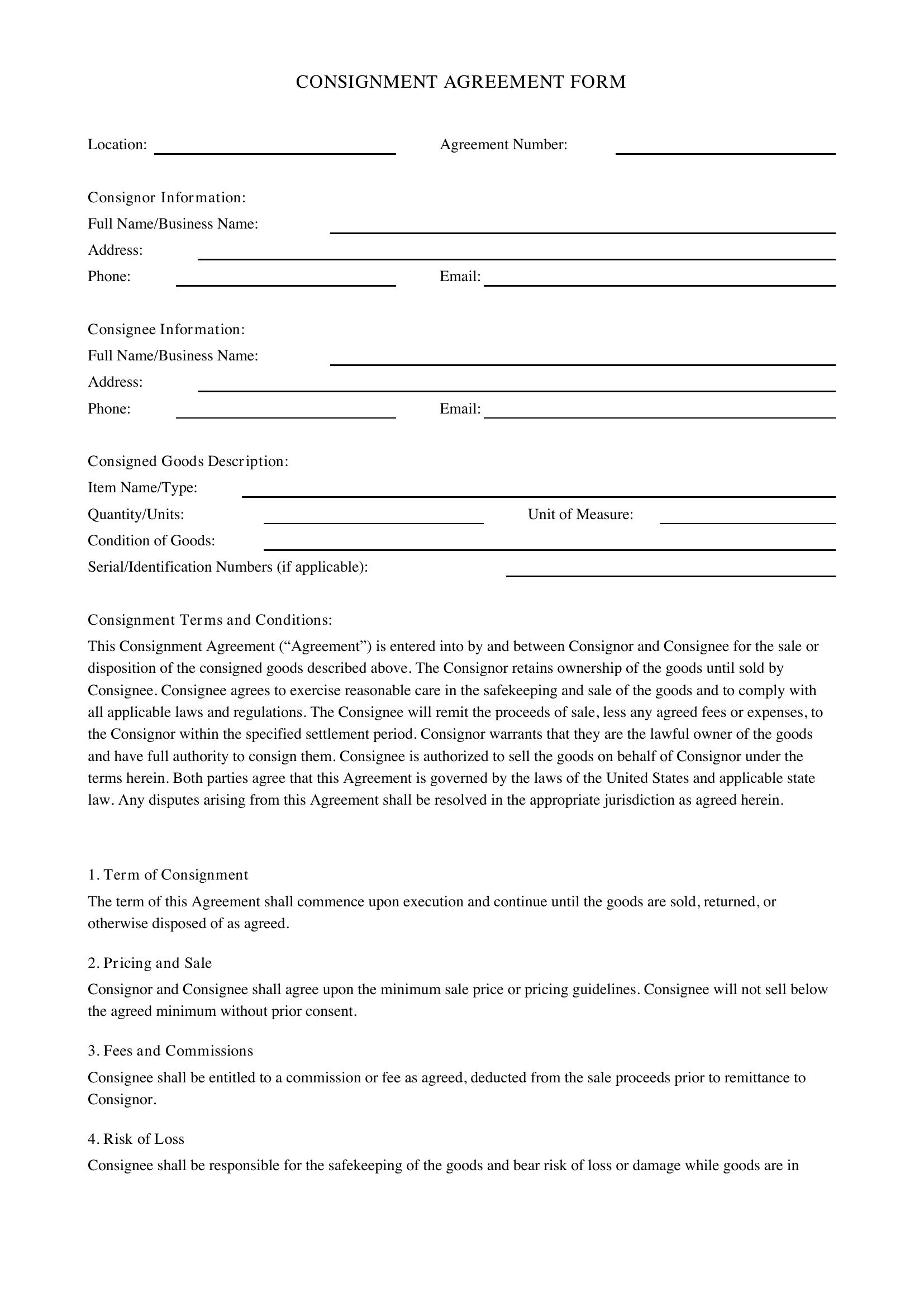 Consignment Form Template - US