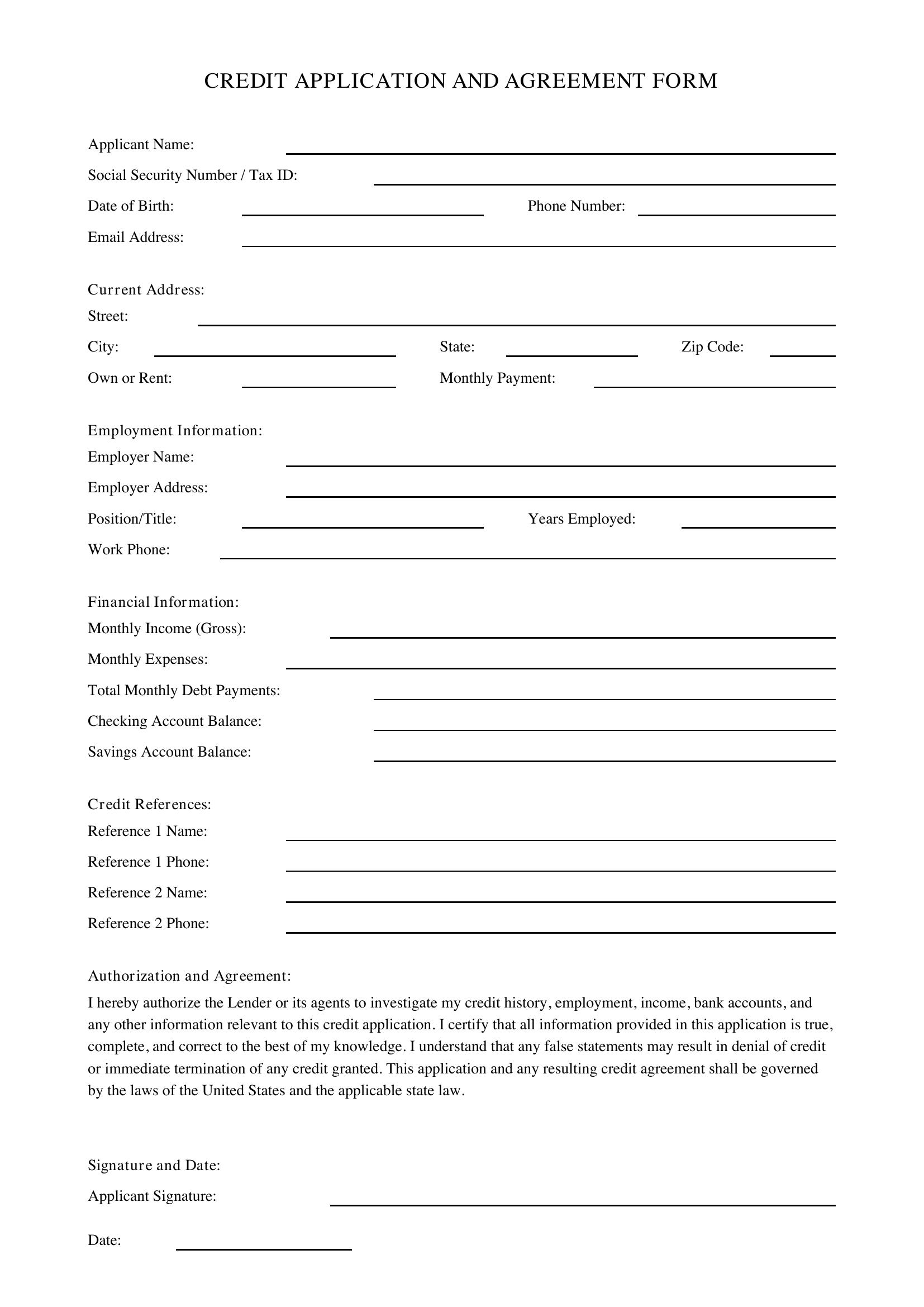 Credit Form Template - US