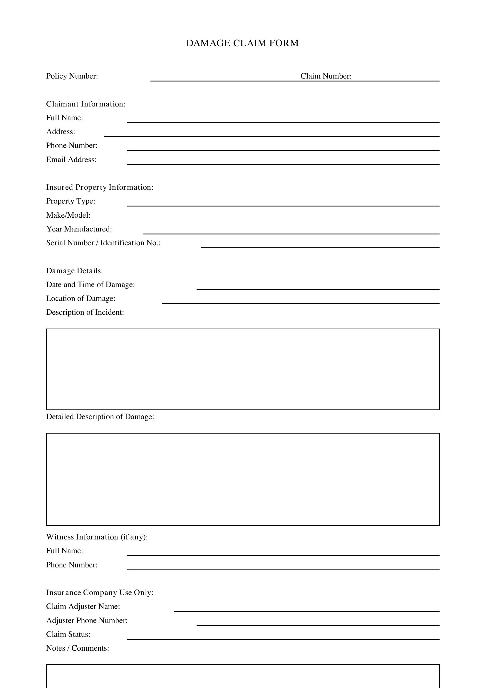 Damage Claim Form Template - US