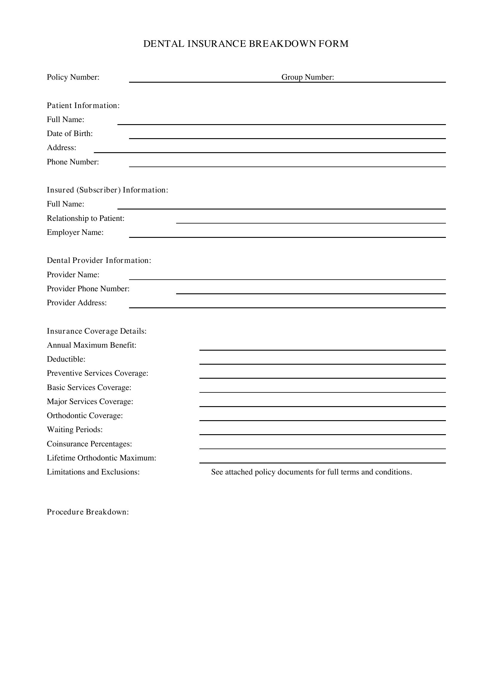 Dental Insurance Breakdown Form Template - US