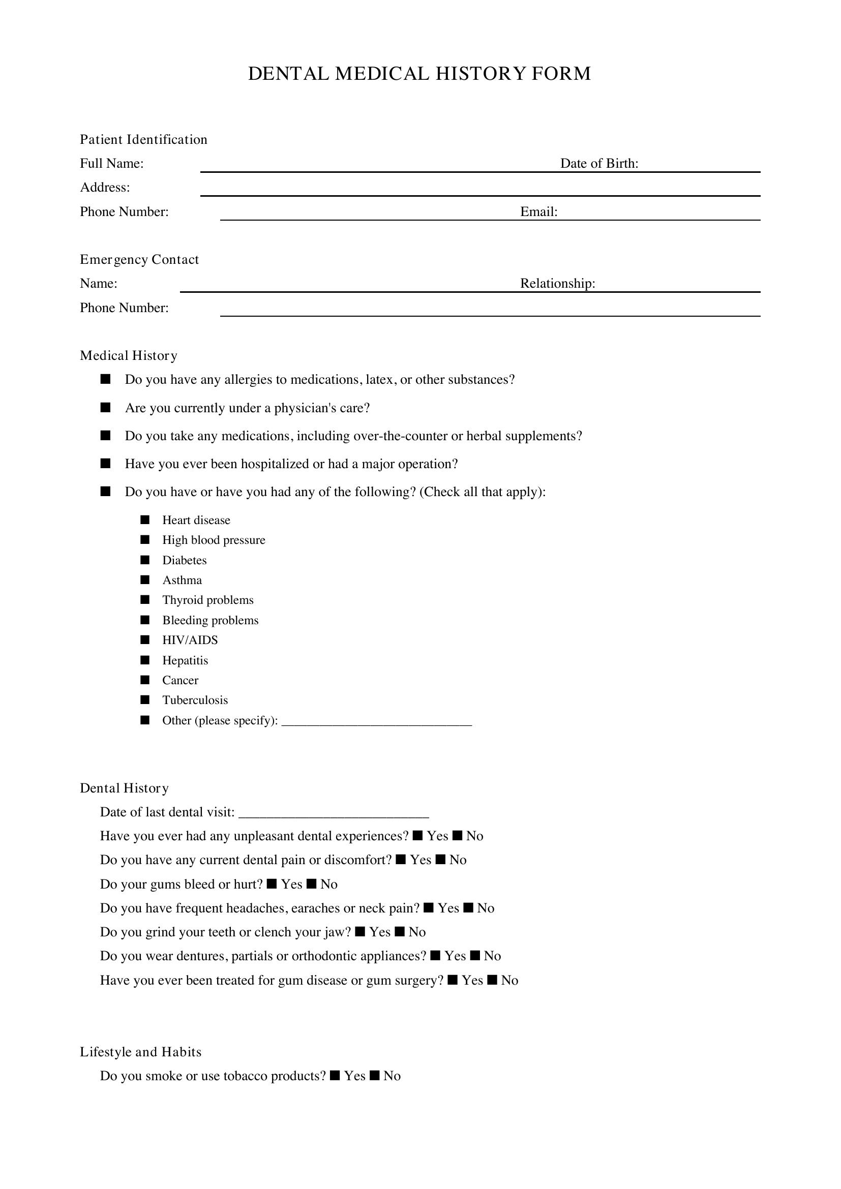 Dental Medical History Form Template - US