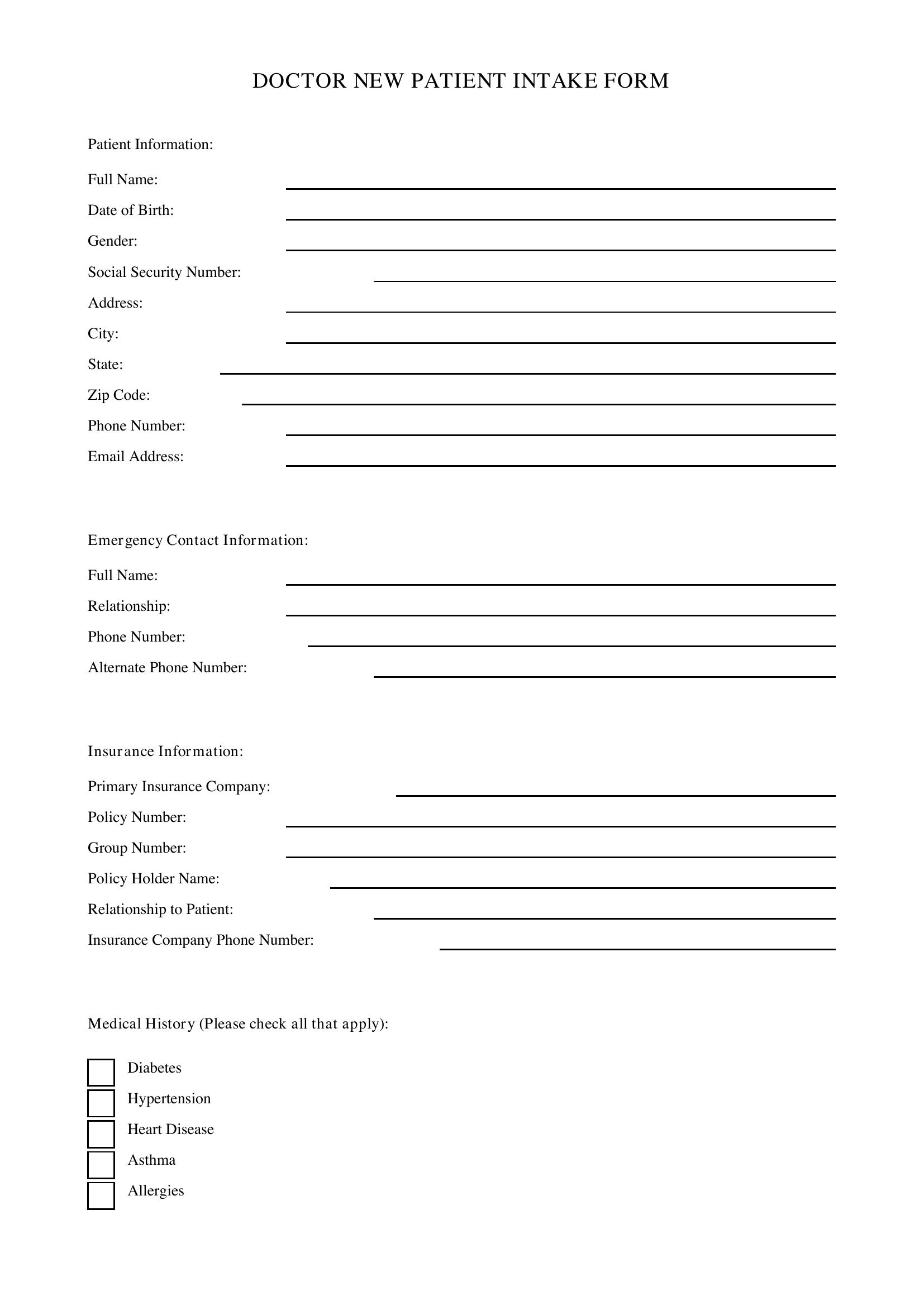 Doctor New Patient Intake Form Template - US