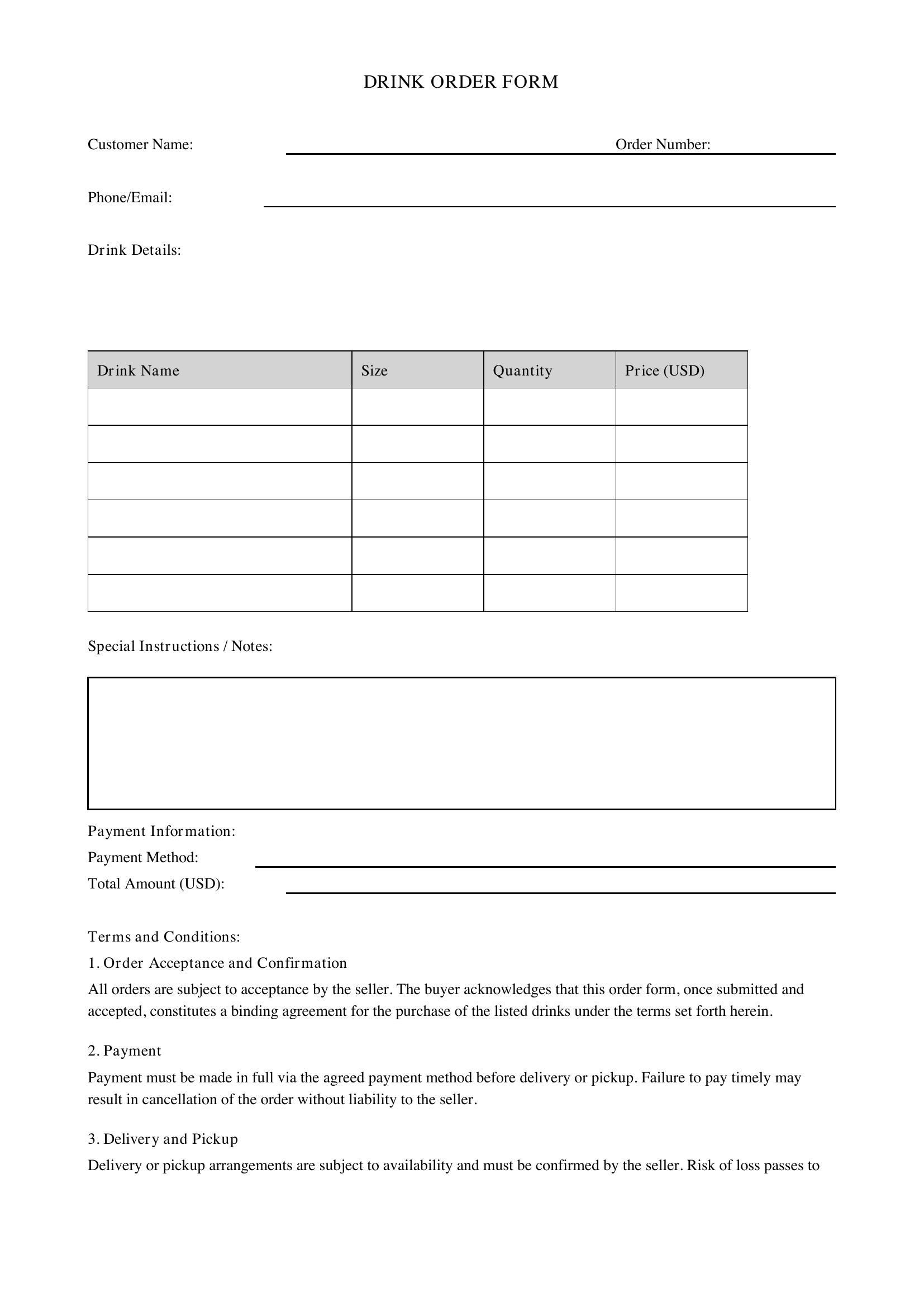 Drink Order Form Template - US