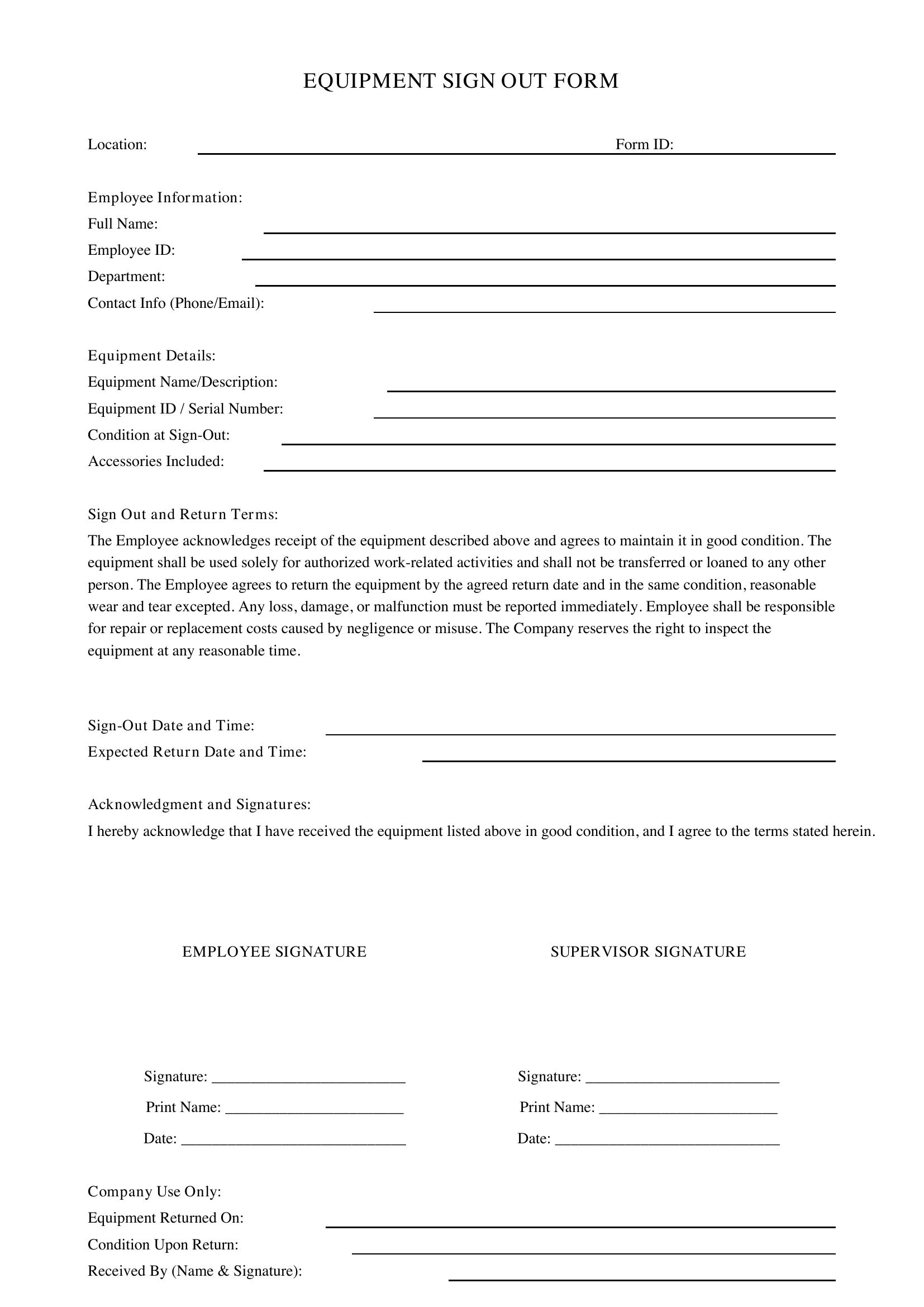 Equipment Sign Out Form Template - US
