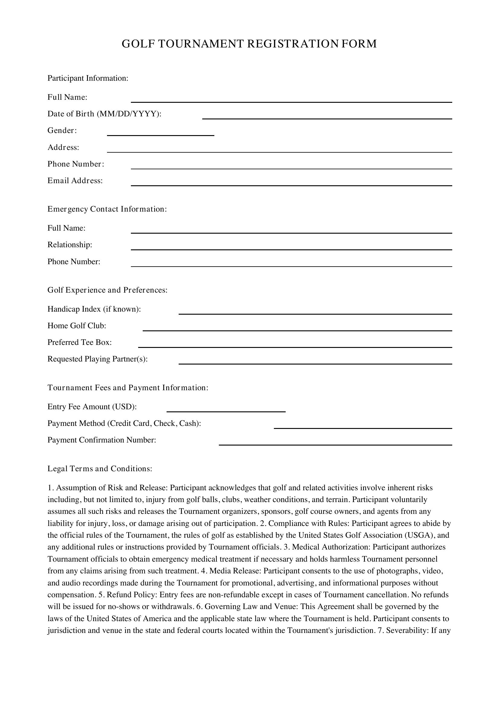 Golf Registration Form Template - US
