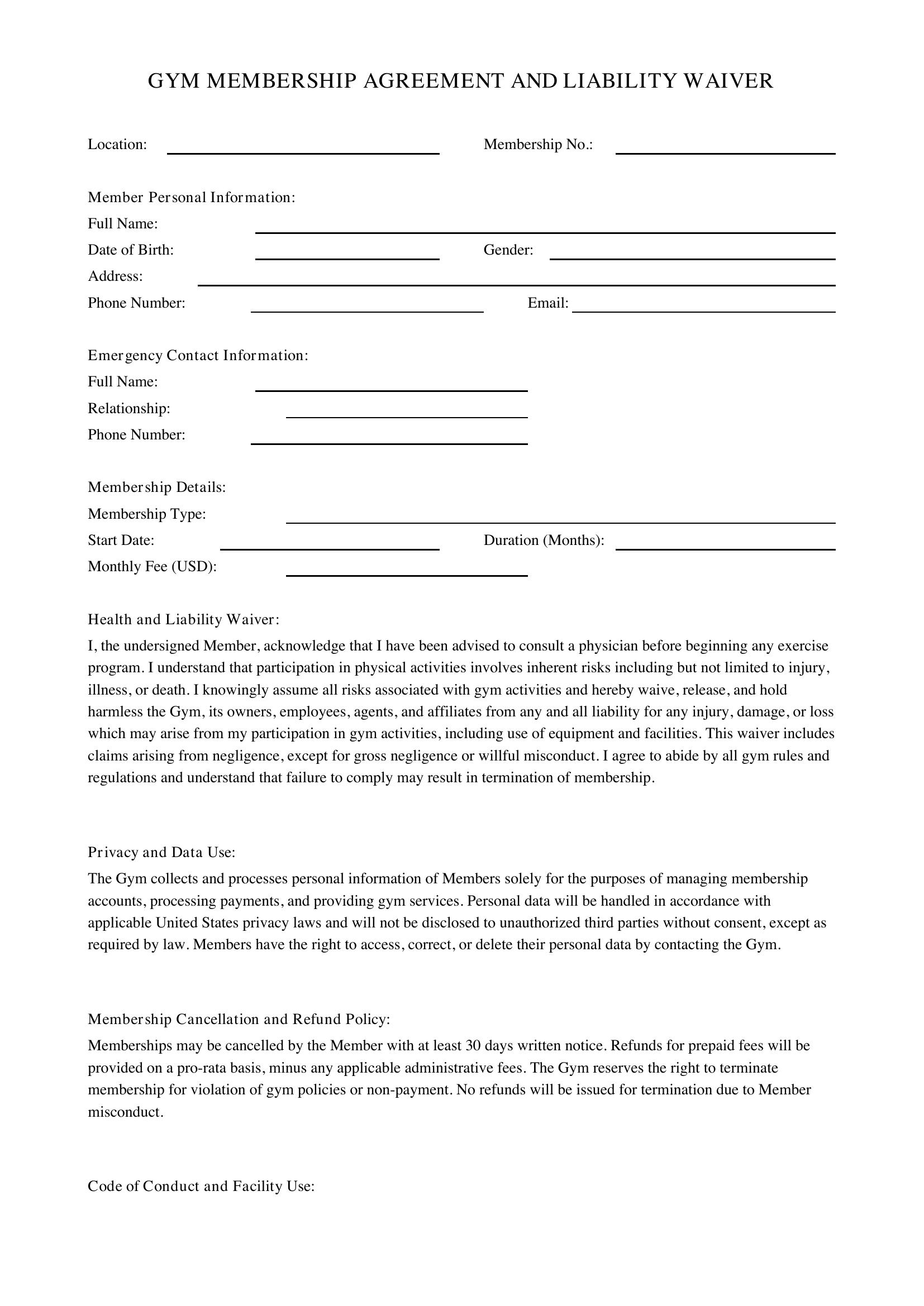 Gym Membership Form Template - US