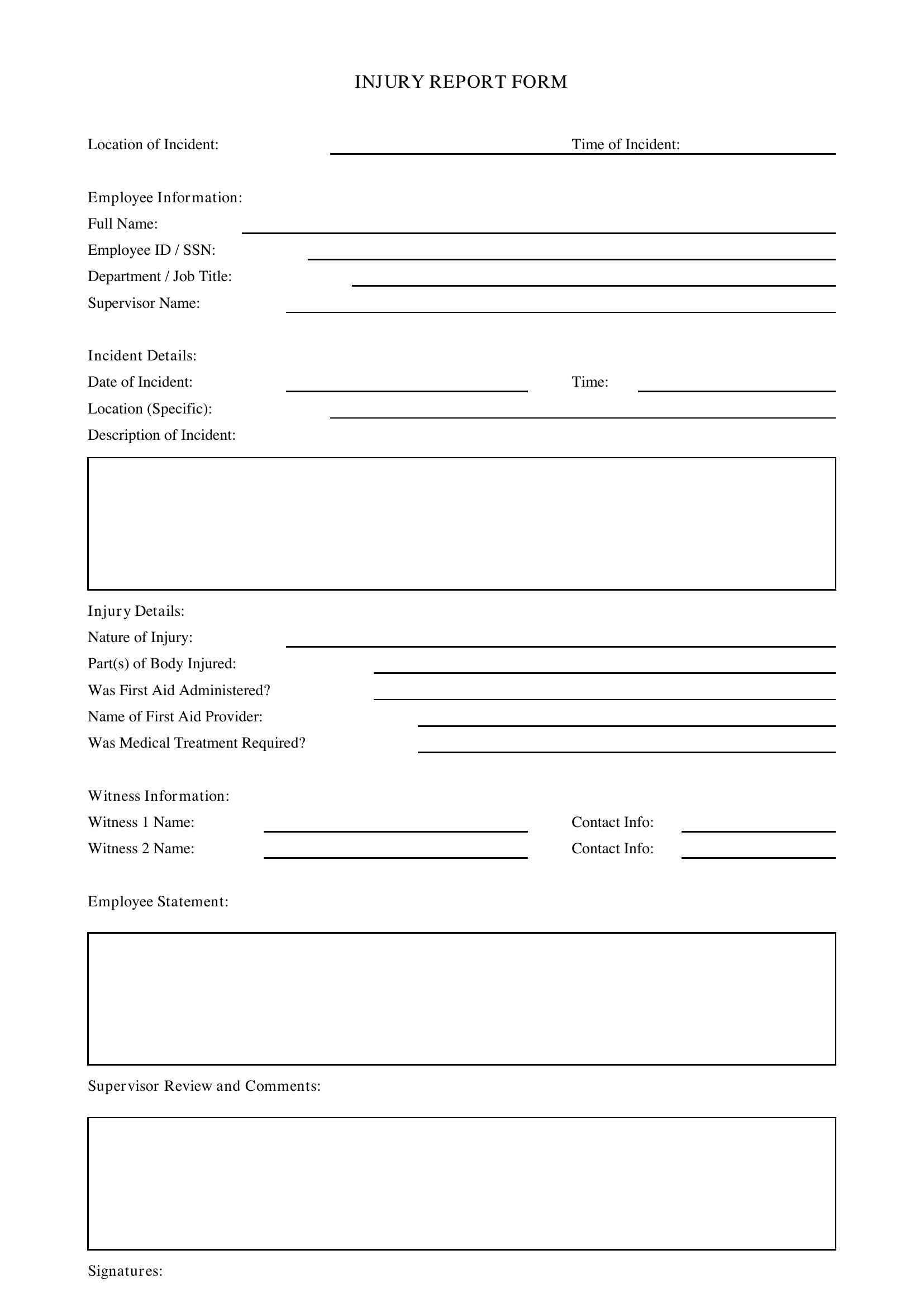 Injury Report Form Template - US