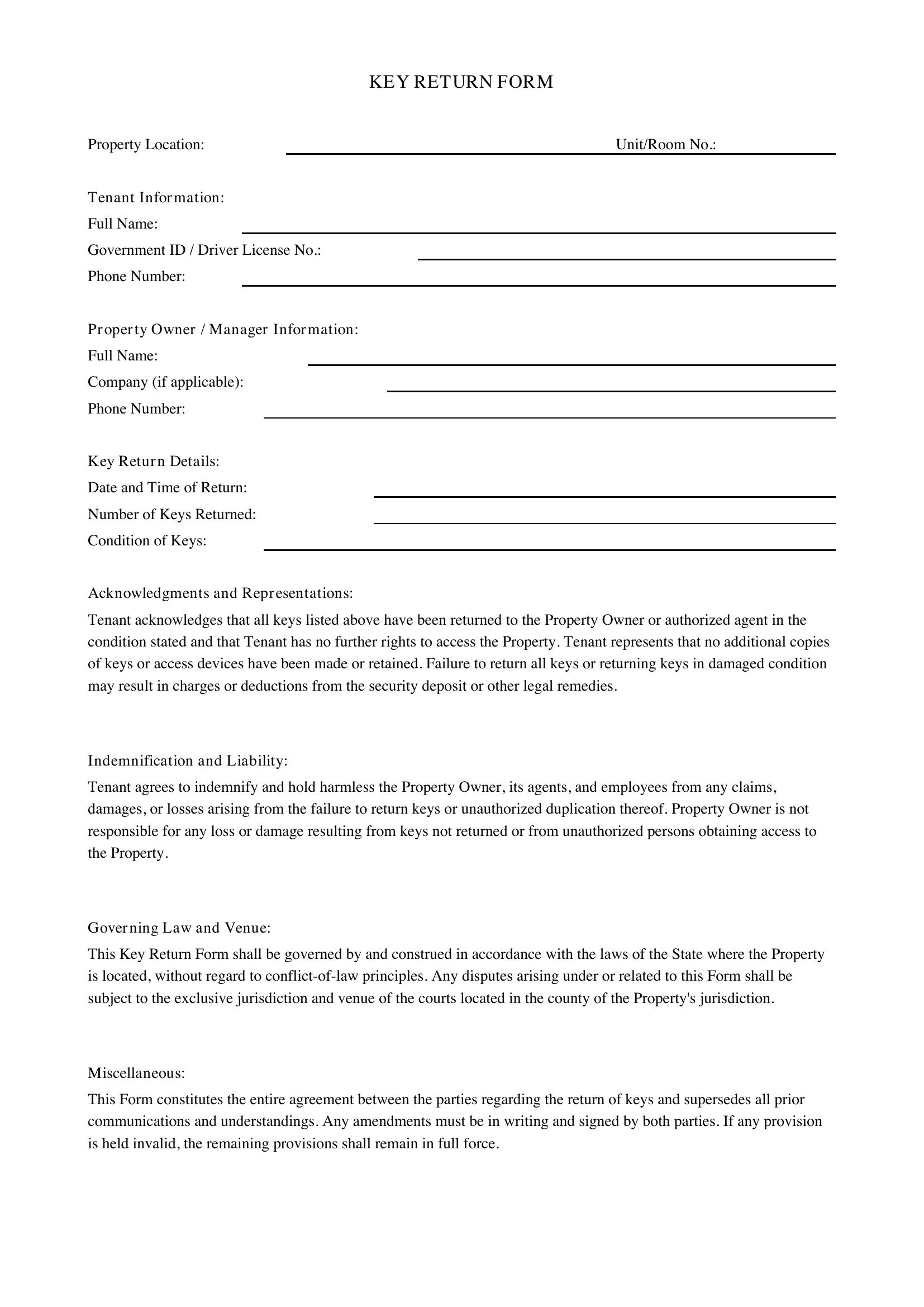 Key Return Form Template - US