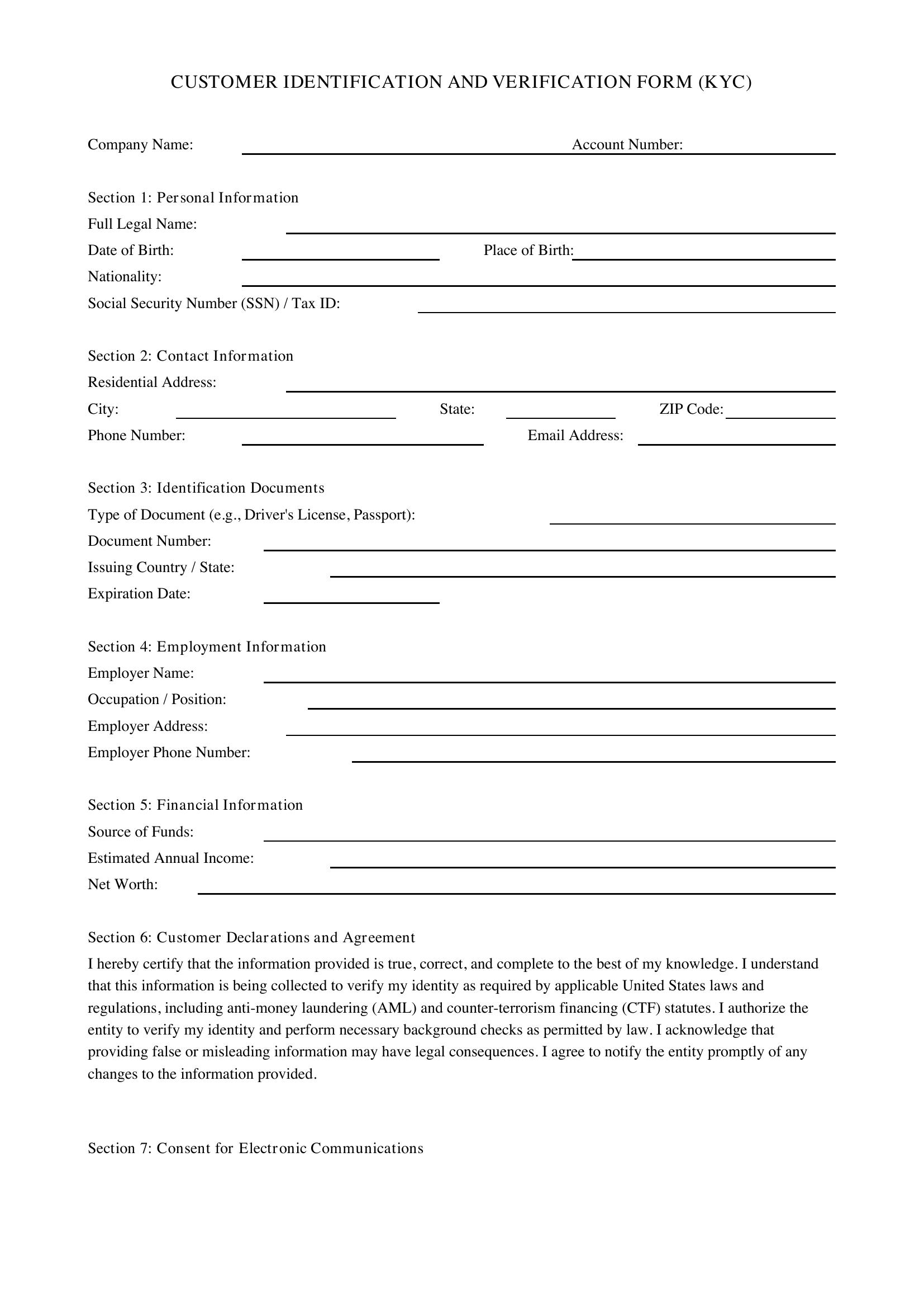 Kyc Form Template - US