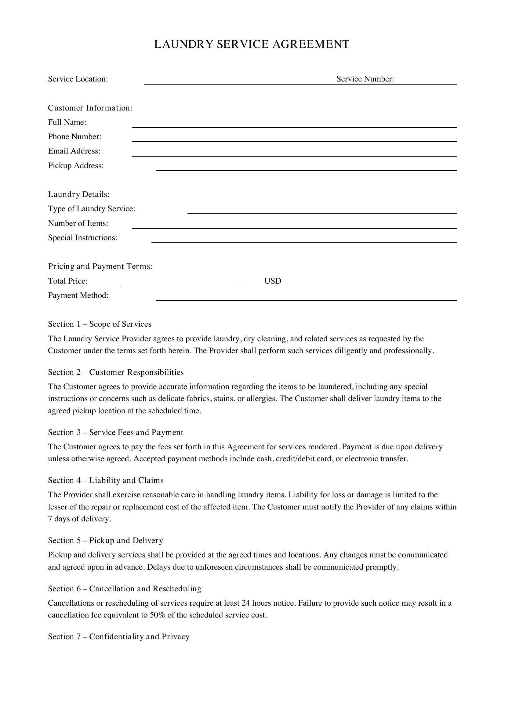 Laundry Form Template - US