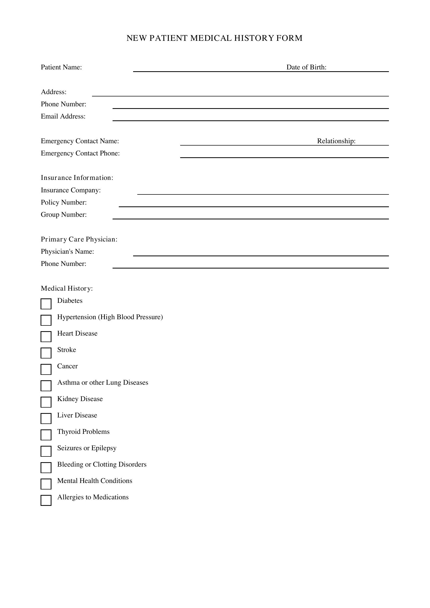New Patient Medical History Form Template - US