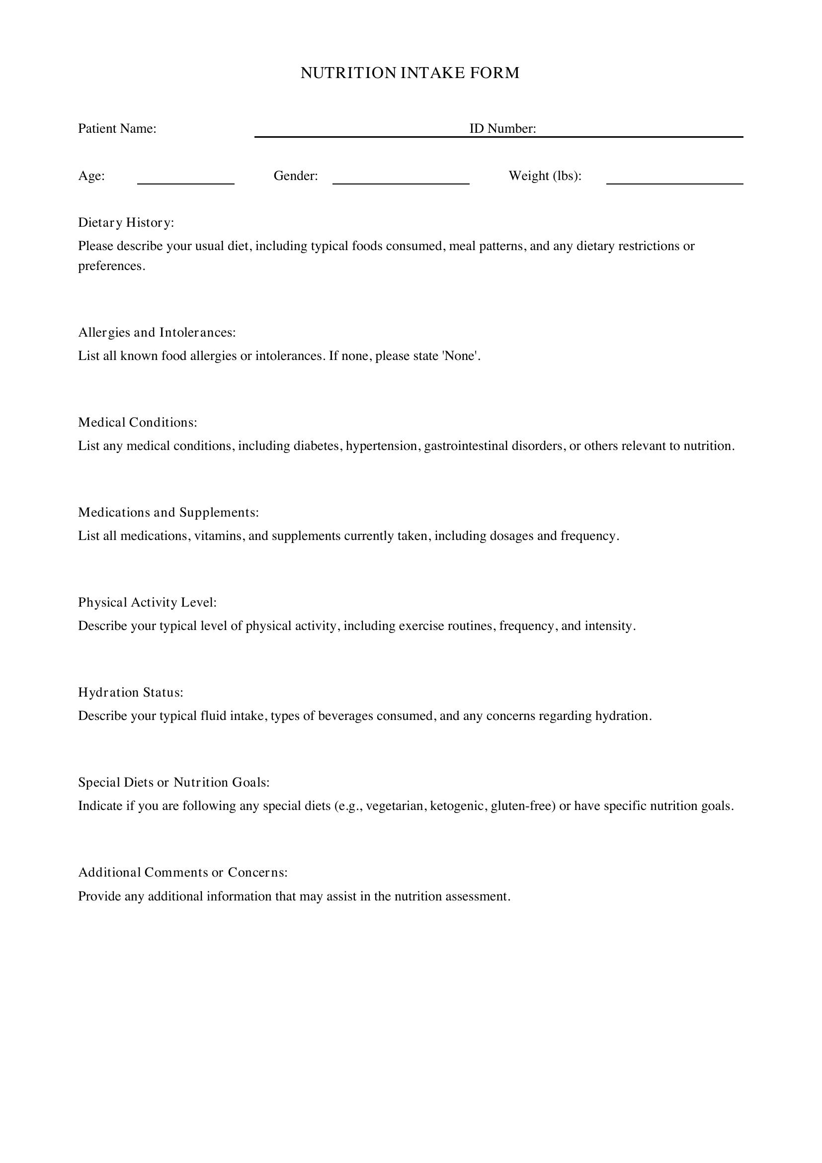 Nutrition Intake Form Template - US