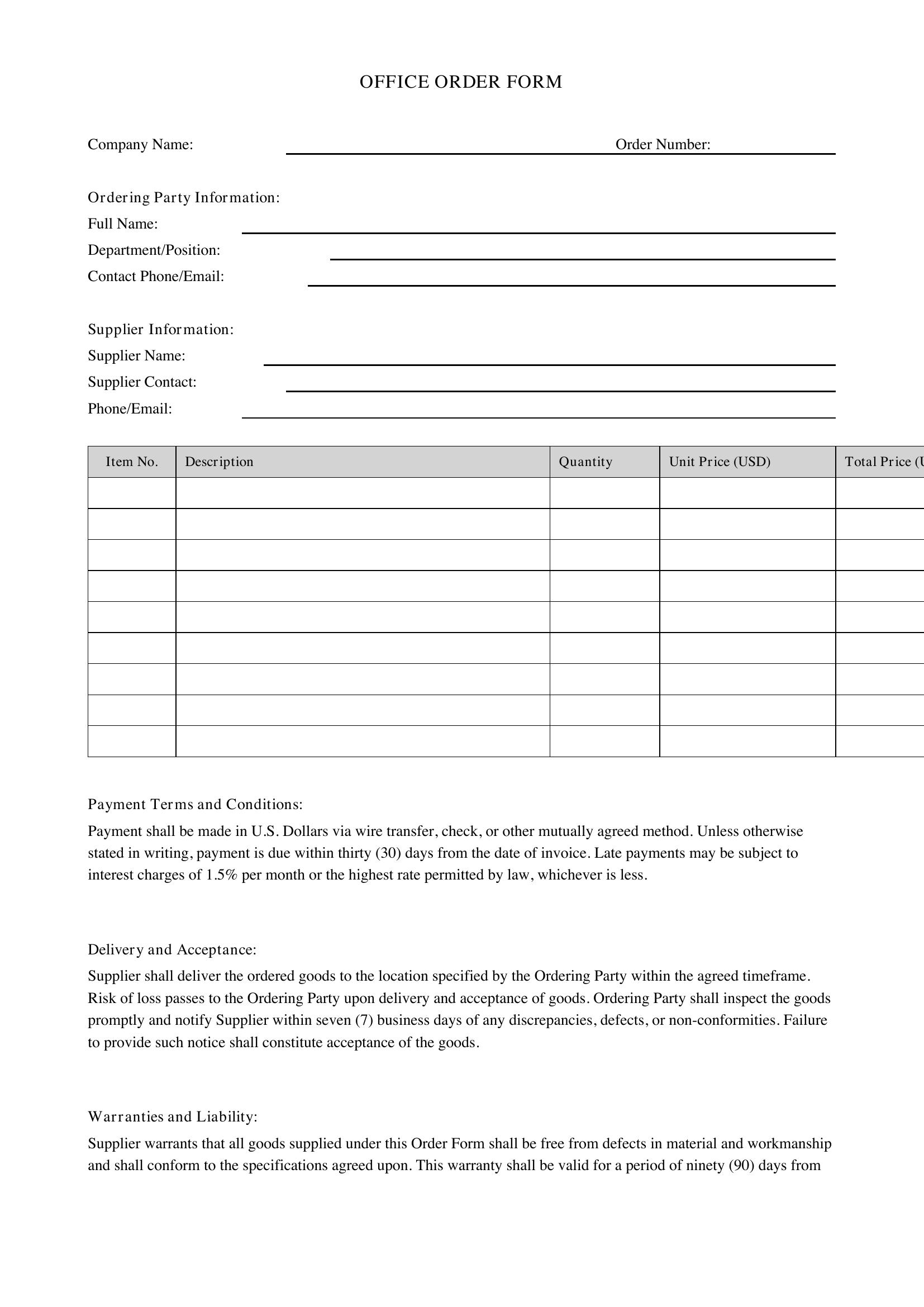 Office Order Form Template - US