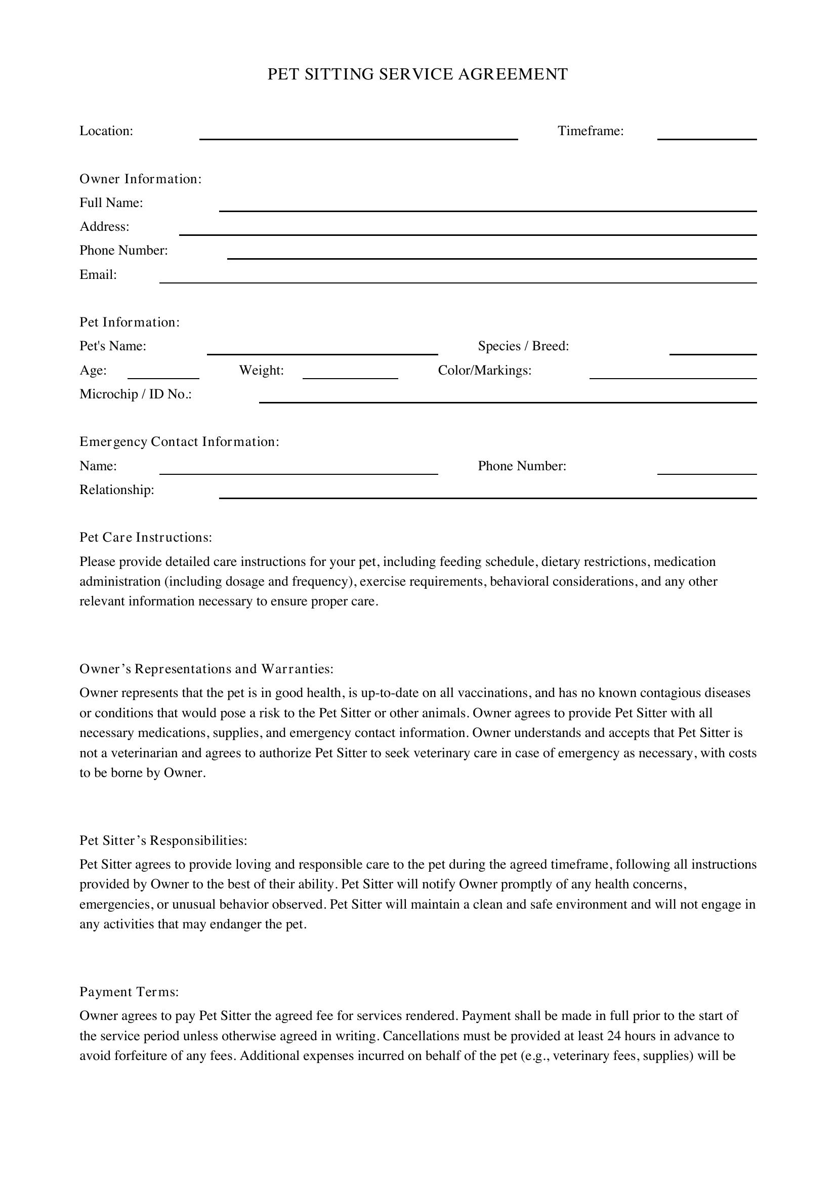 Pet Sitting Form Template - US