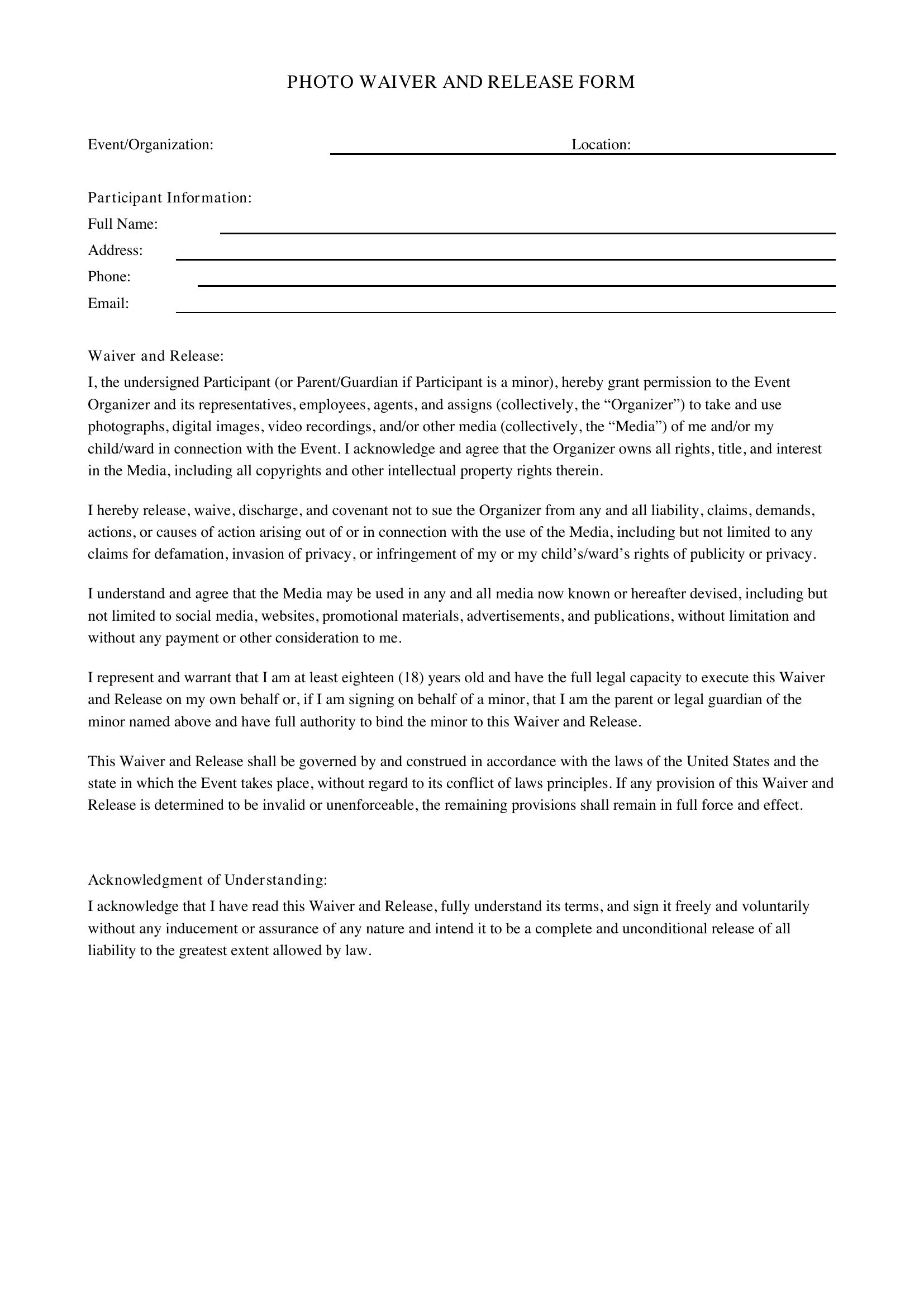 Photo Waiver Release Form Template - US