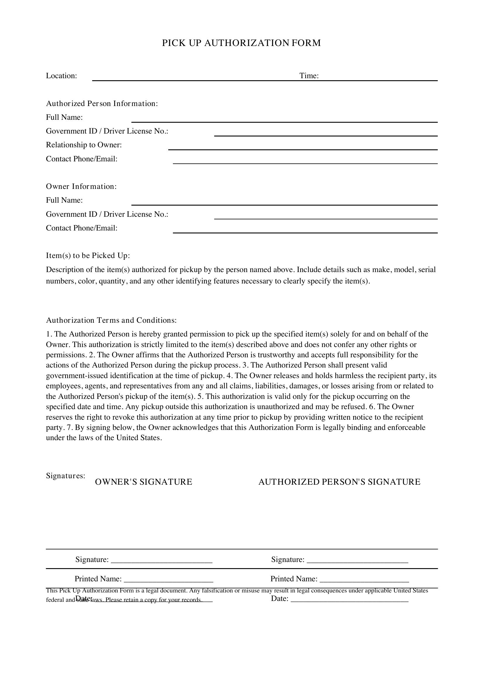 Pick Up Authorization Form Template - US