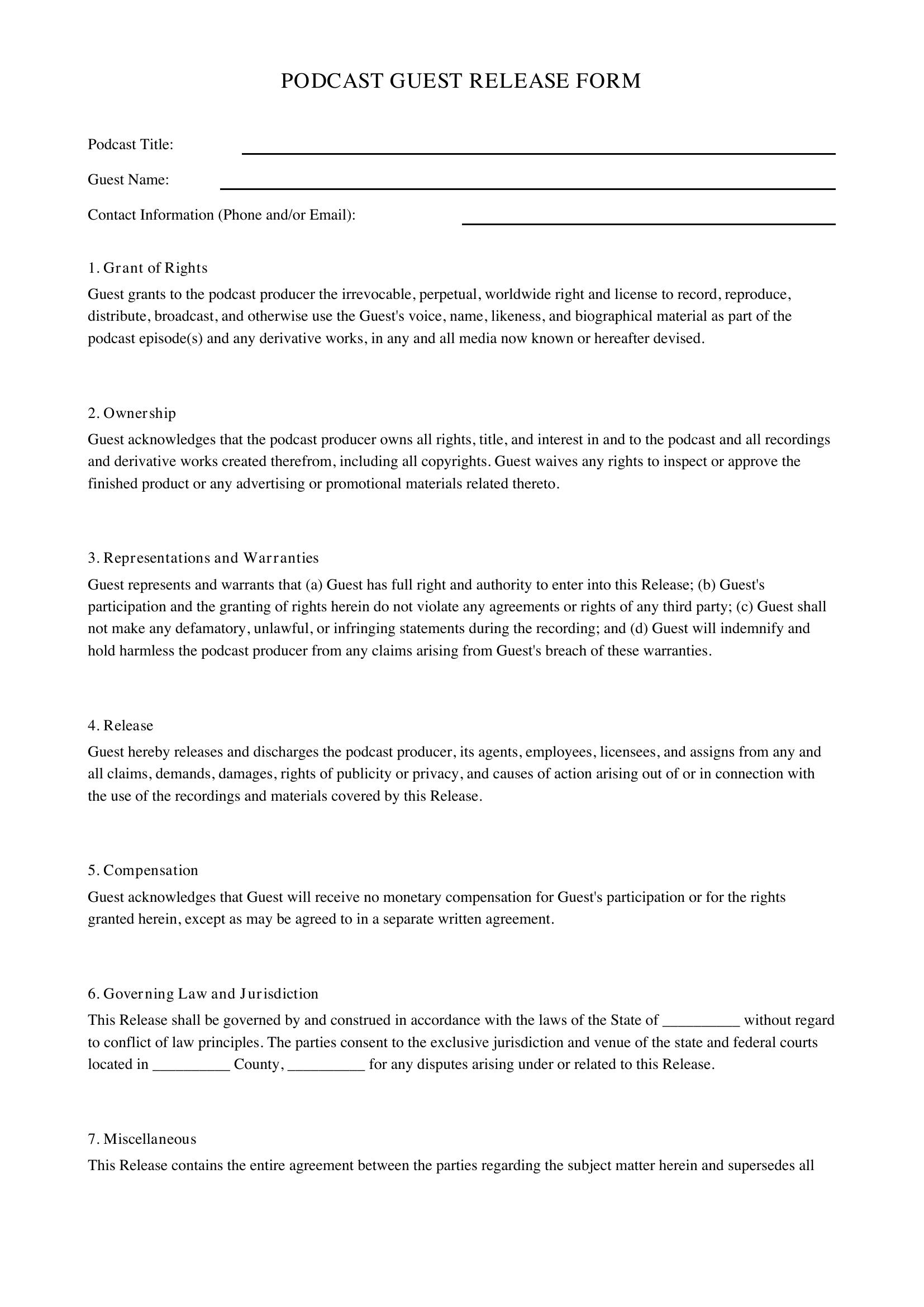 Podcast Guest Release Form Template - US