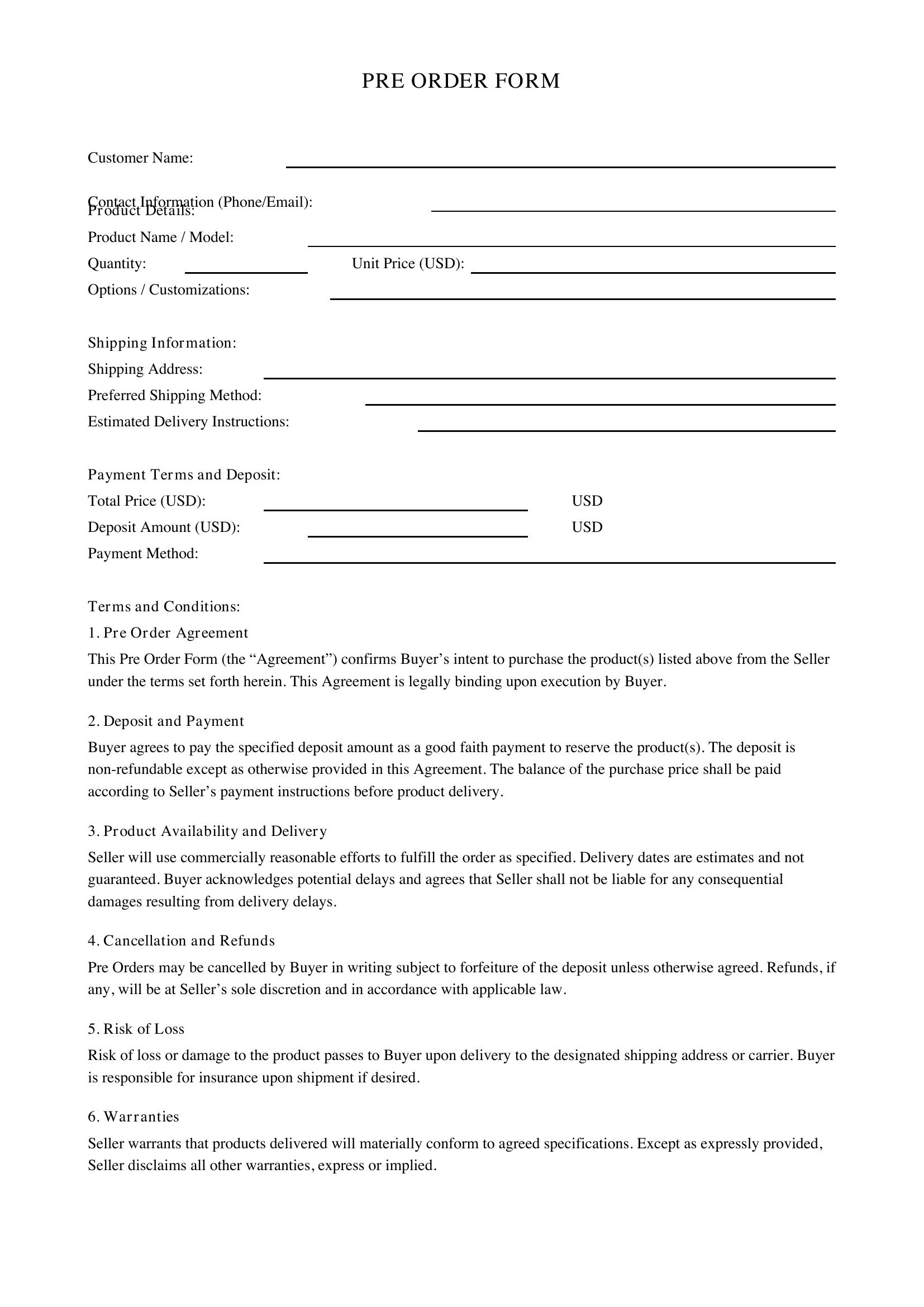 Pre Order Form Template - US
