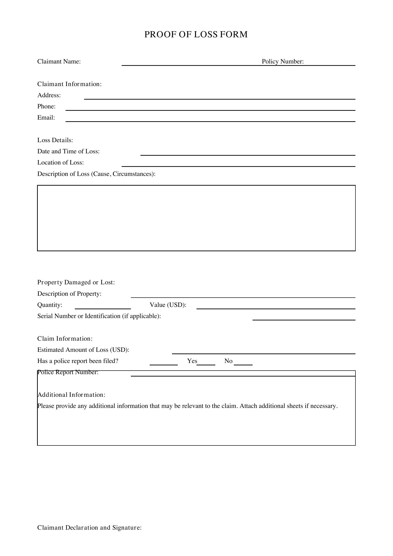 Proof Of Loss Form Template - US