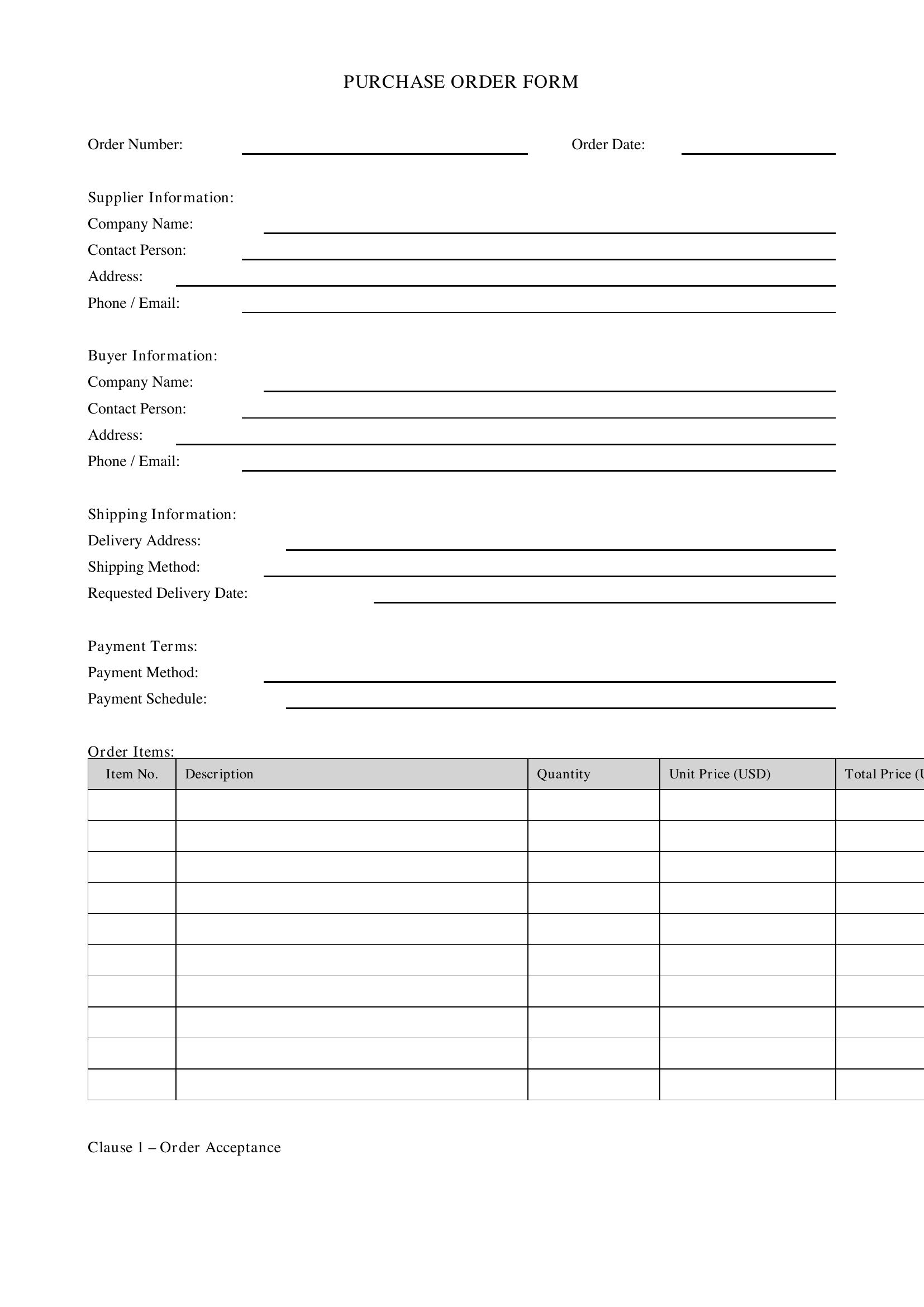 Purchase Order Form Template - US