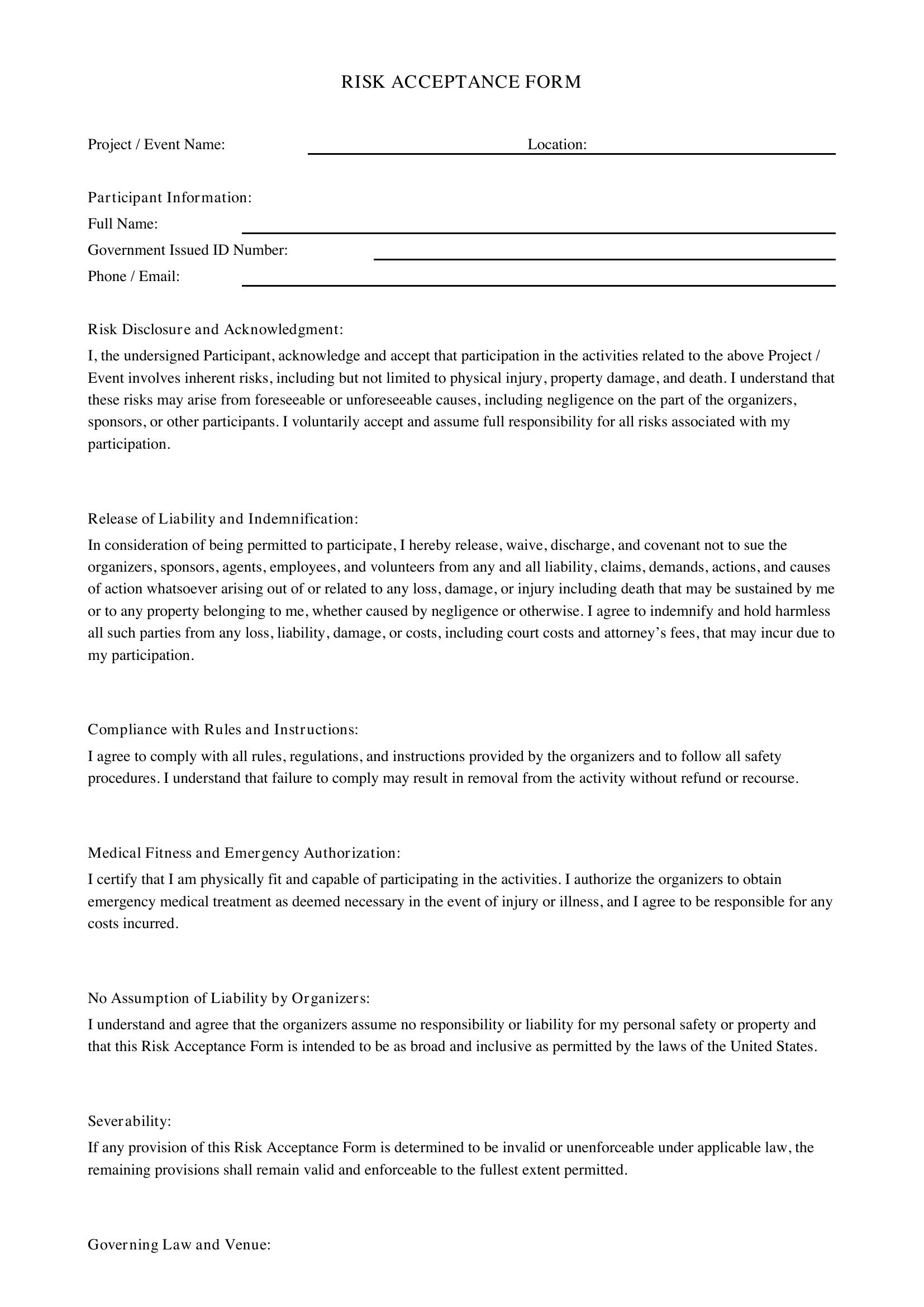 Risk Acceptance Form Template - US