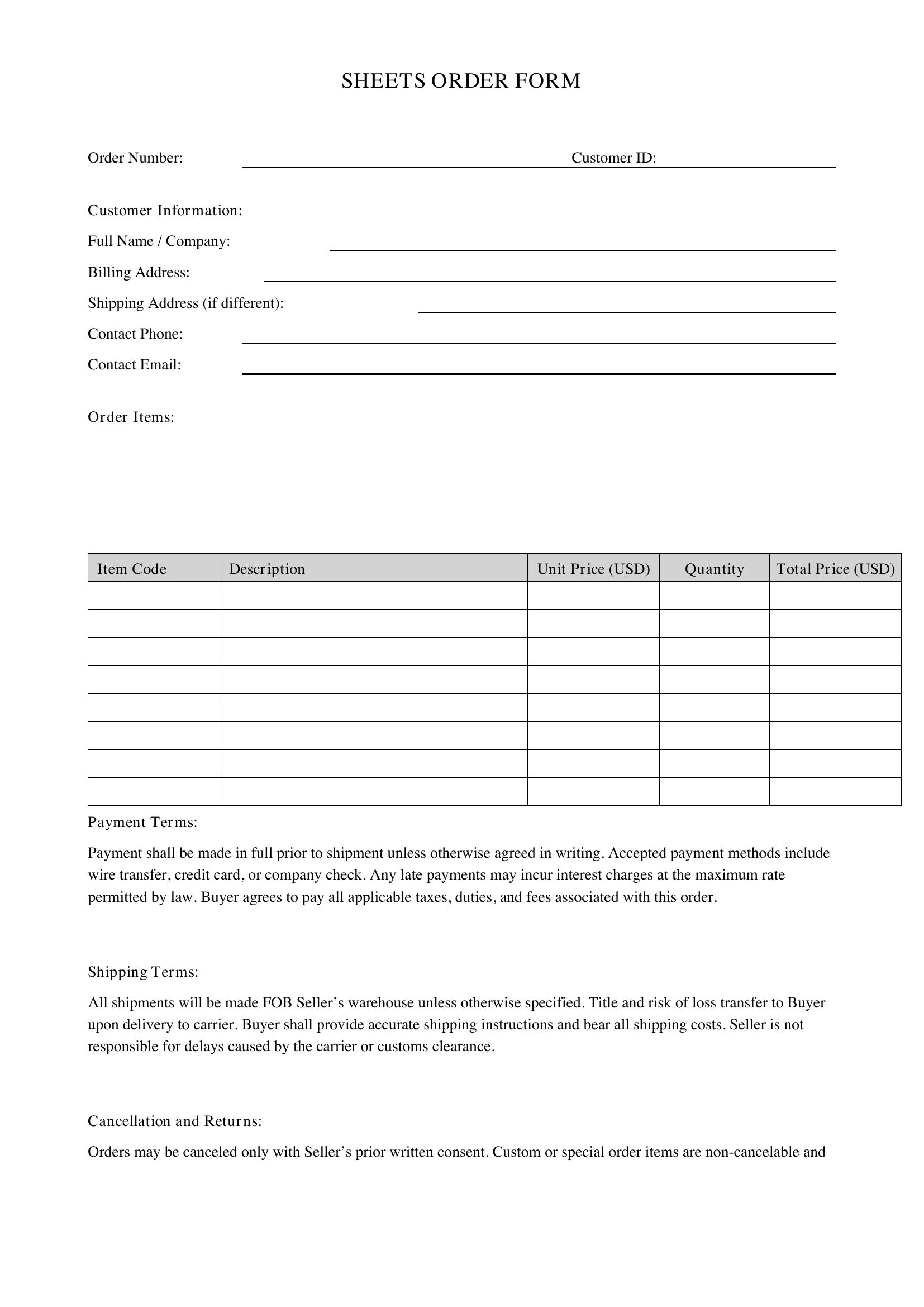 Sheets Order Form Template - US