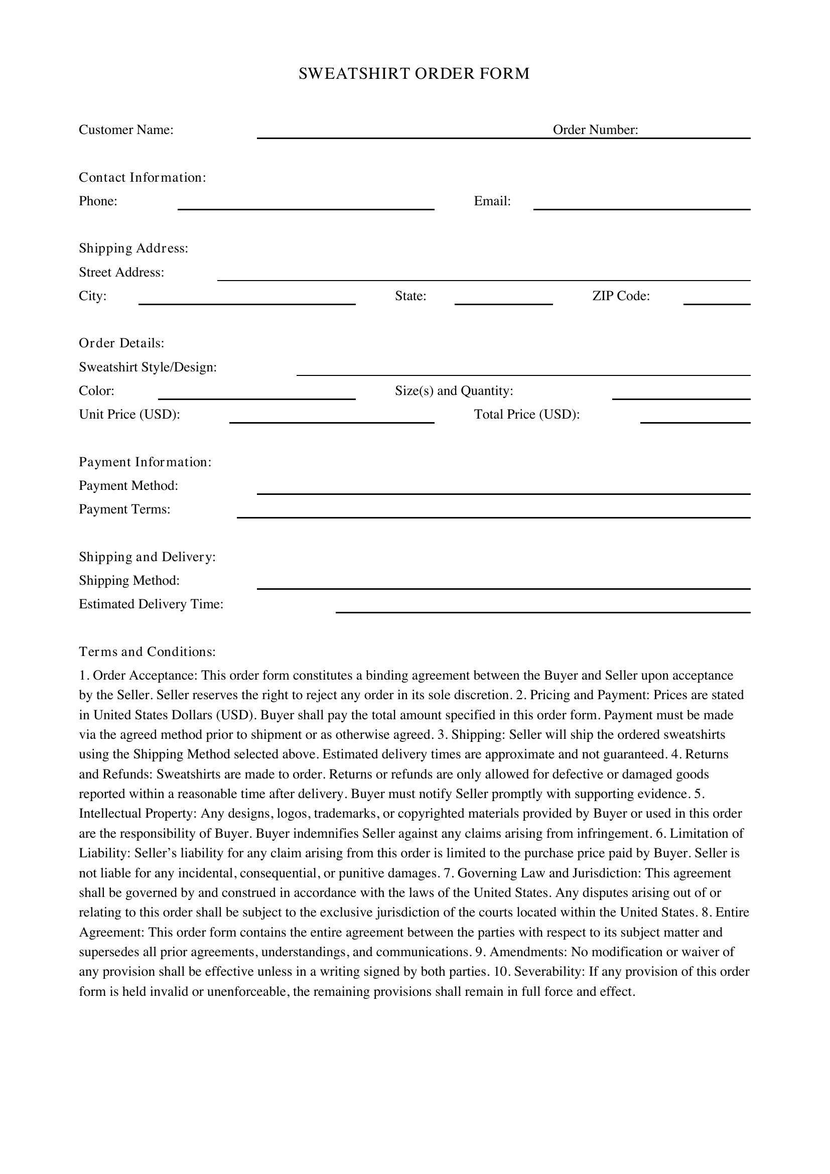 Sweatshirt Order Form Template - US