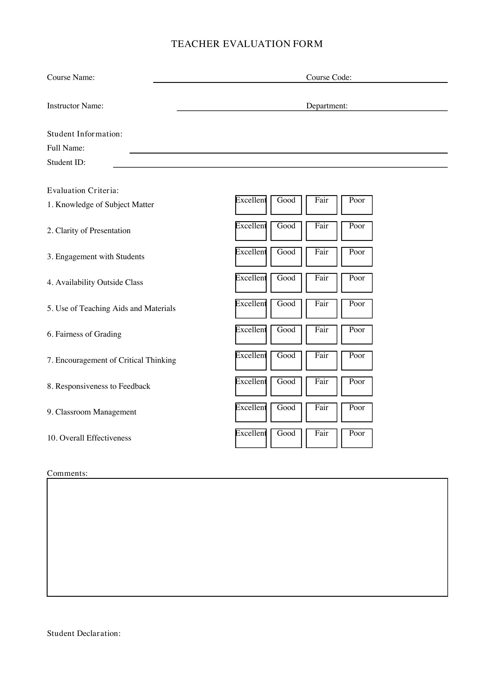 Teacher Evaluation Form Template - US