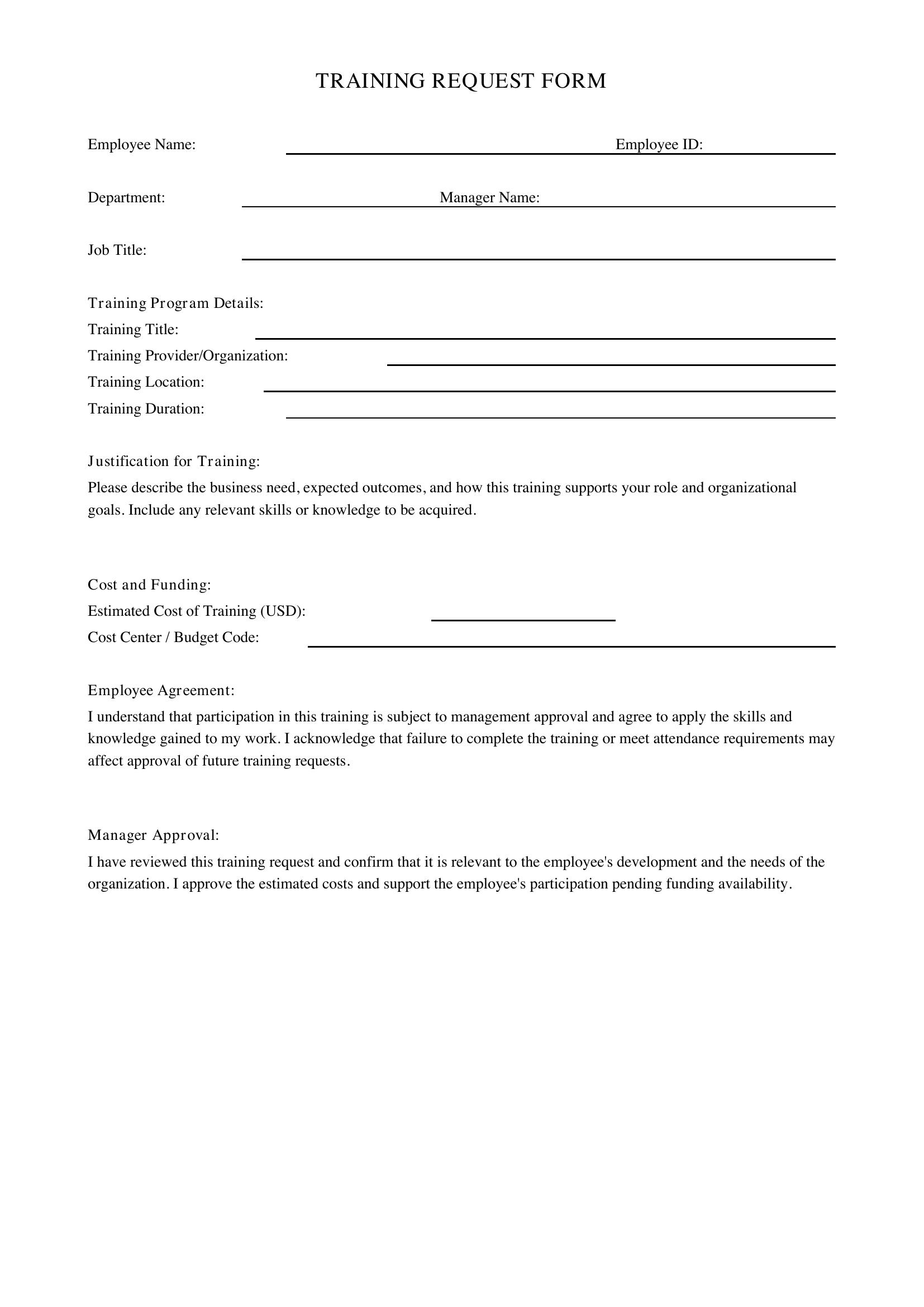 Training Request Form Template - US