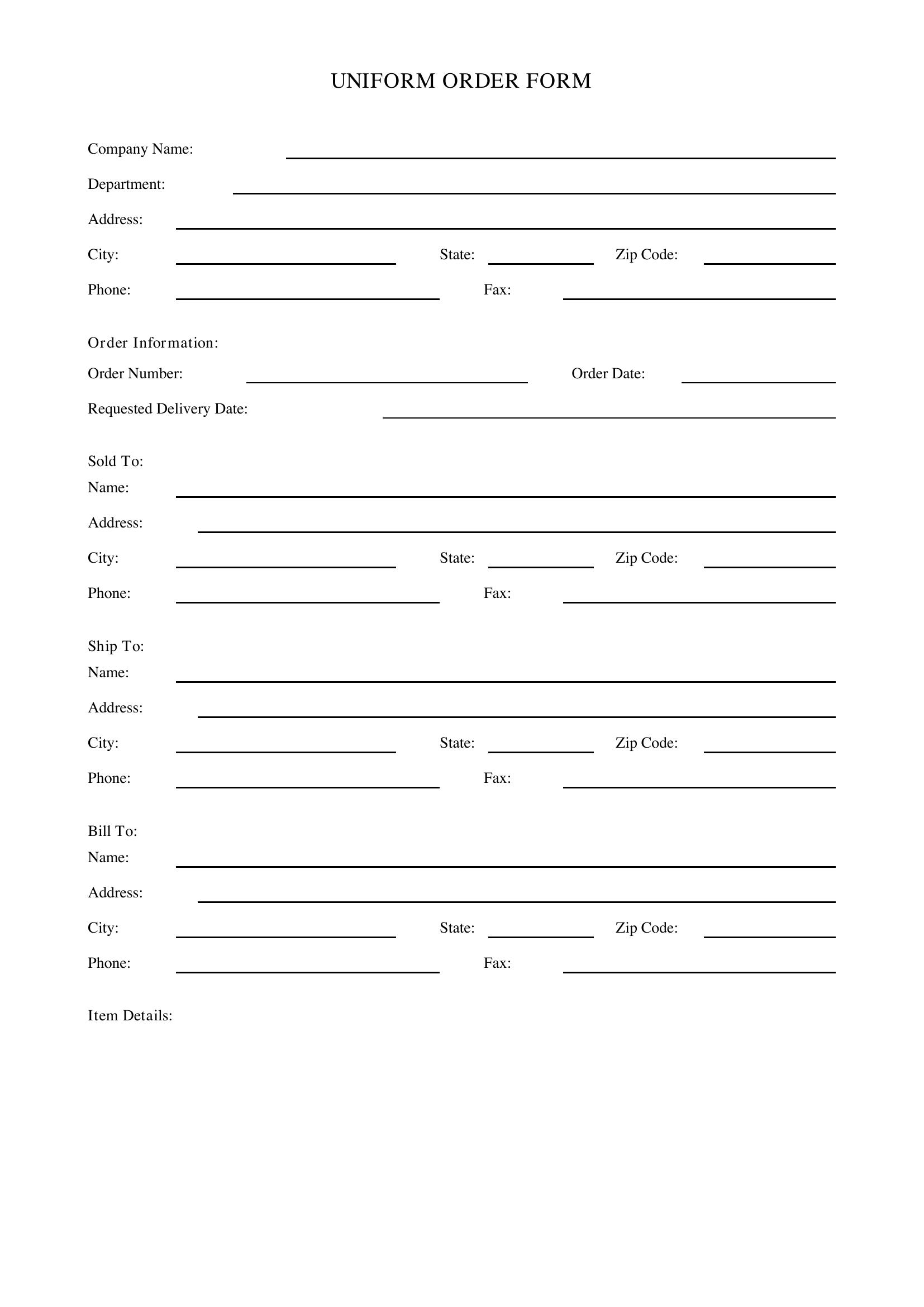 Uniform Order Form Template - US