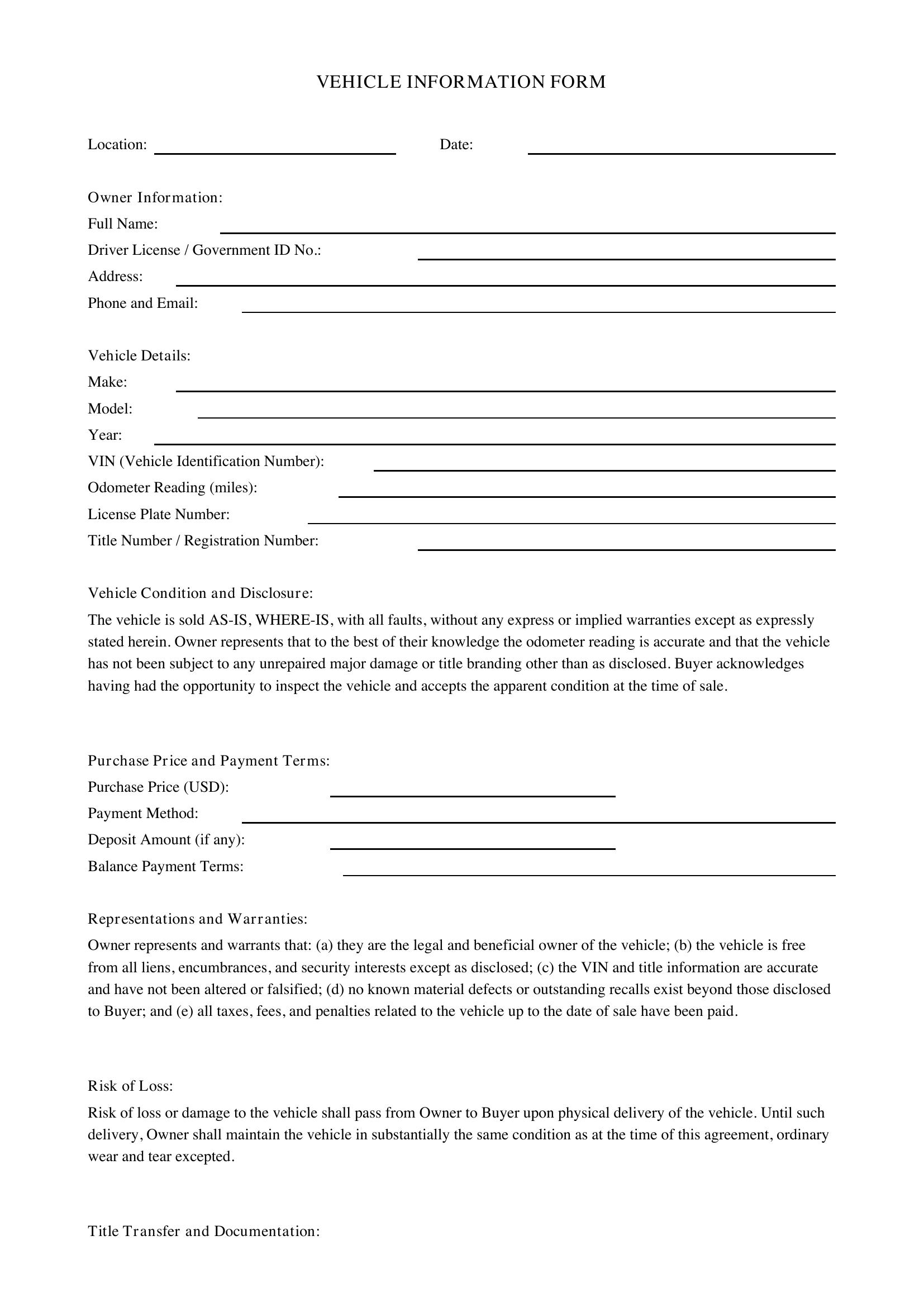 Vehicle Information Form Template - US