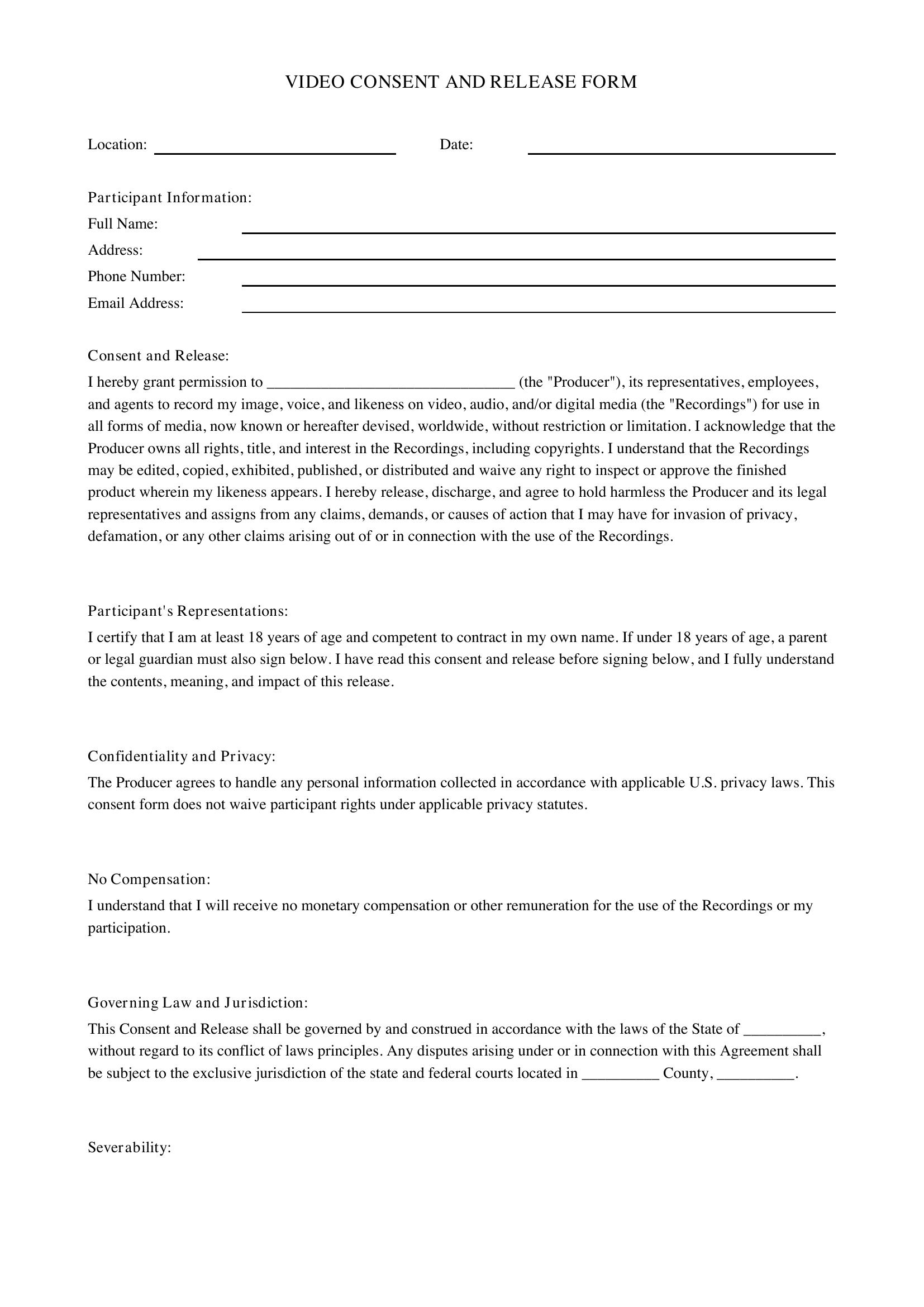 Video Consent Form Template - US