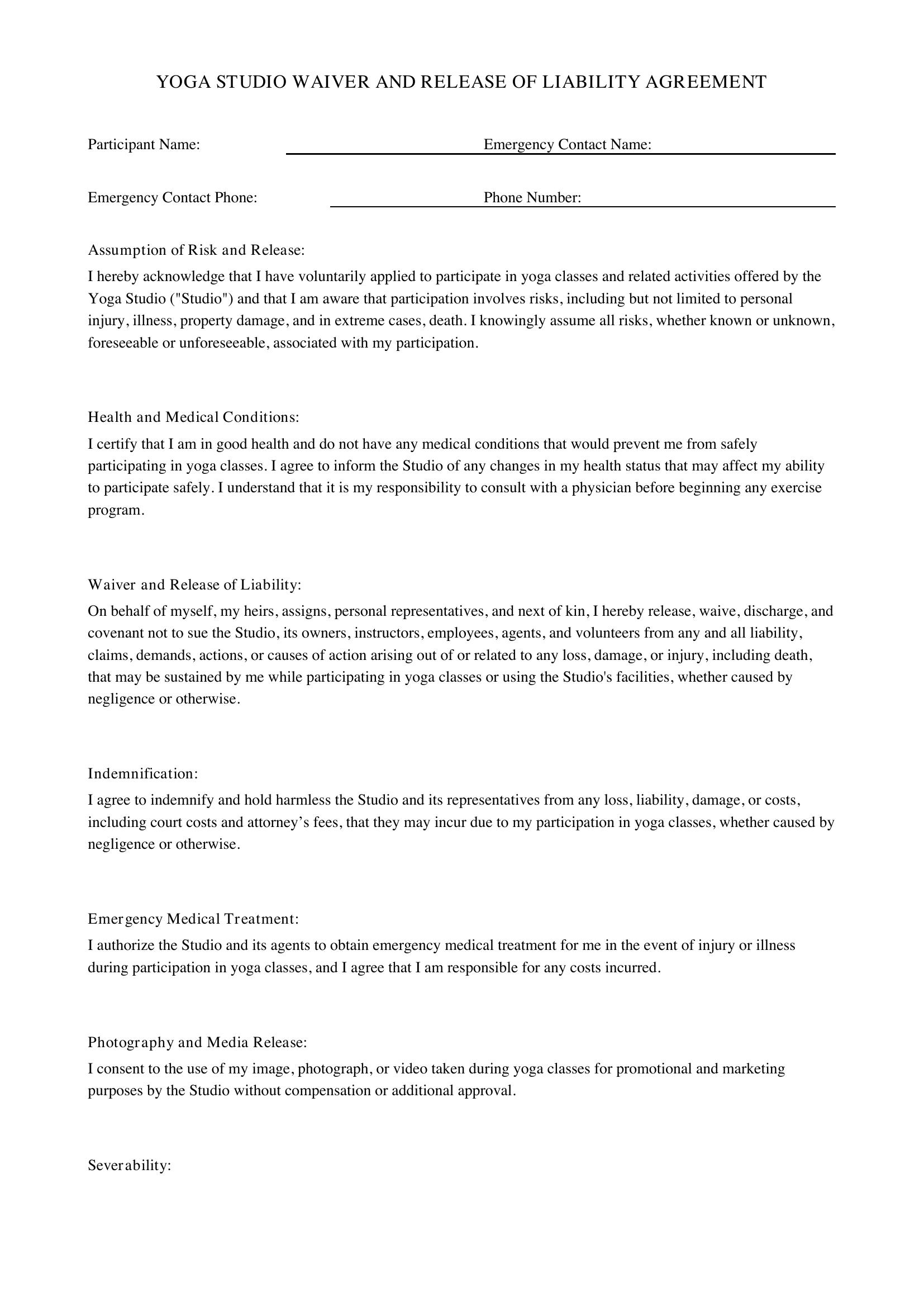 Yoga Waiver Form Template - US